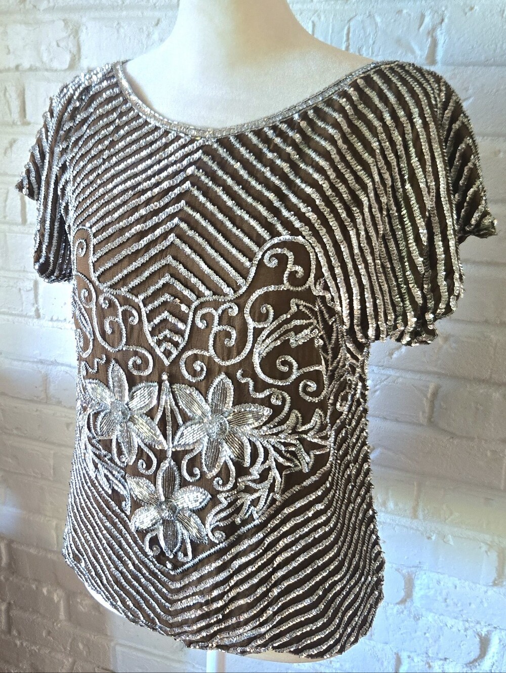 Vtg 90s 100% Silk Sequin & Bead Embellished Top, M, Party, Formal